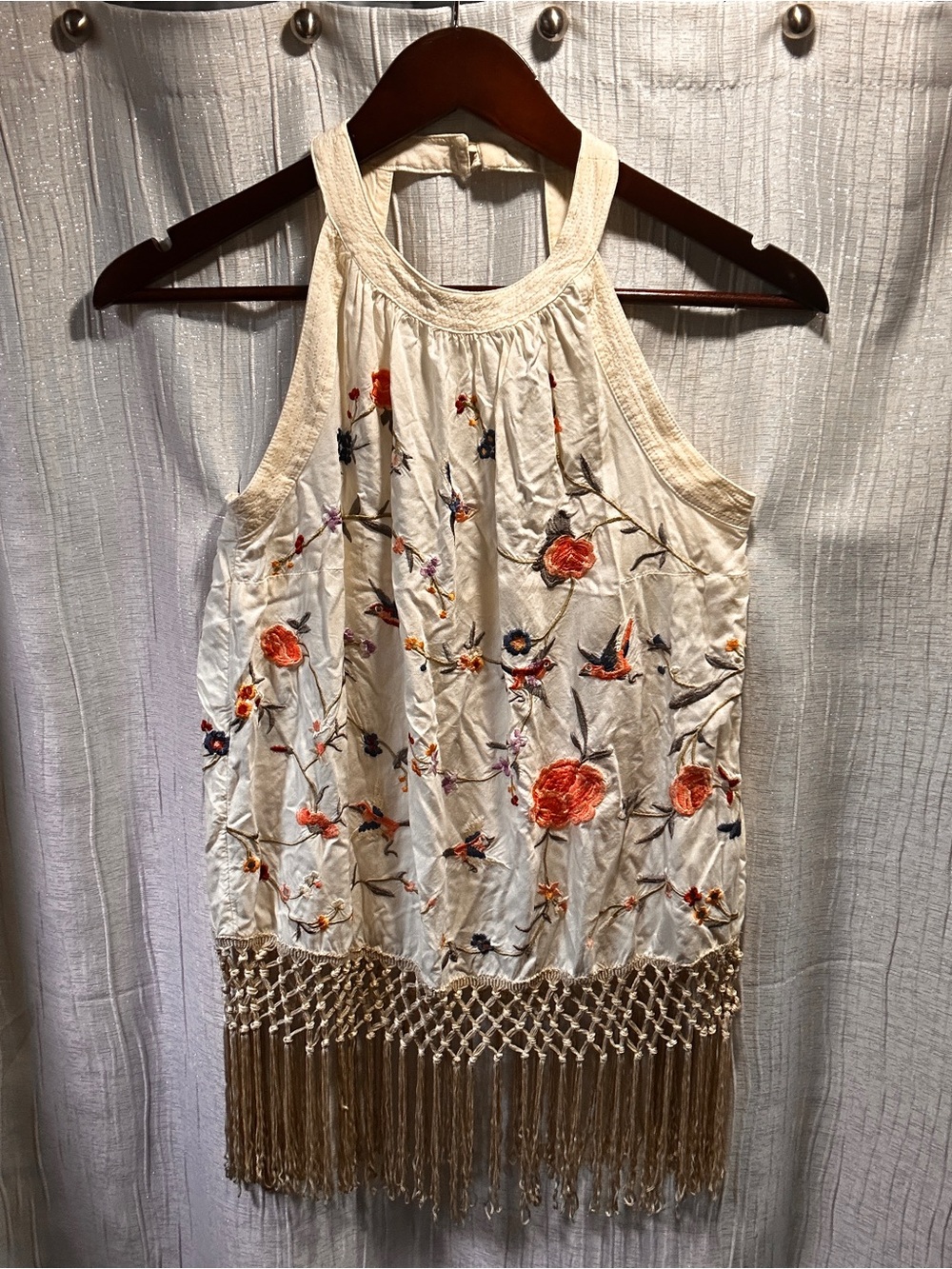 Anthropologie Cream Halter Camisole with Floral Embroidery and Fringe